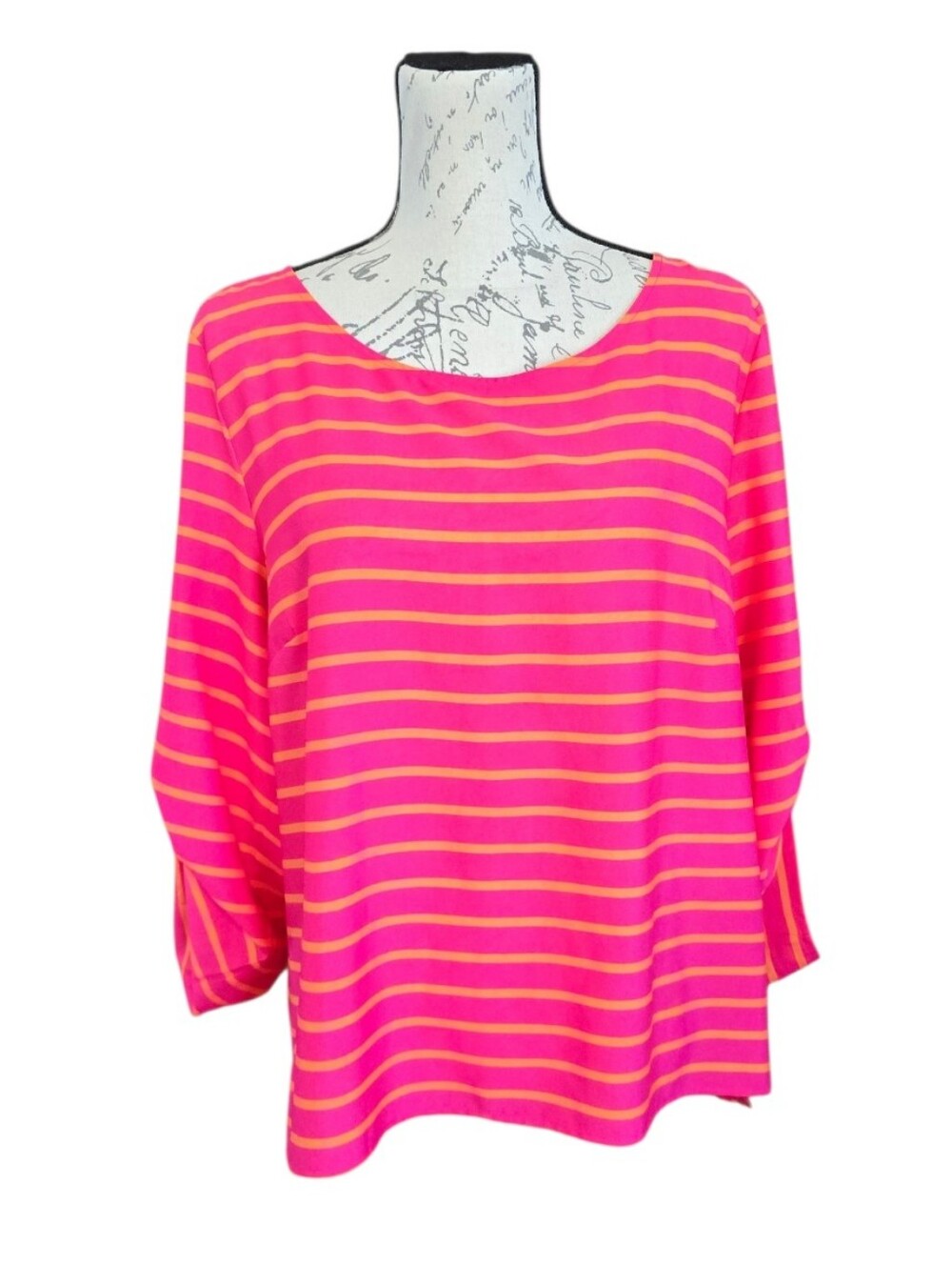 Calvin Klein Pink Orange Stripe Roll Tab Sleeve Blouse XL